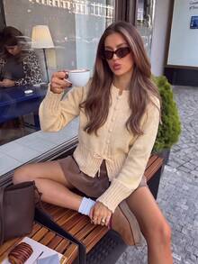 كارديجان نسائي محبوك بفيونكة عند الخصر وأزرار، جاكيت بأكمام طويلة وحافة مكشكشة، مناسبة للخريف/الشتاء وعيد الشكر والكريسماس ورأس السنة - لون مشمشي - مشاهدة 3