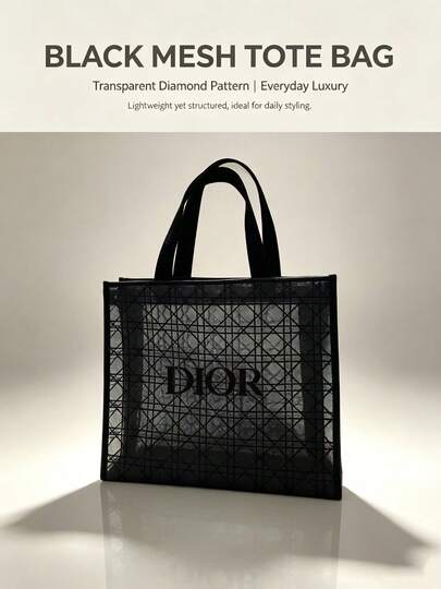 Tas Tote DIOR Black Sheer Mesh Rhombus, Tas Tangan Jala Transparan Mewah, Tas Komuter Kapasitas Besar Ringan dan Terstruktur, Tas Belanja Harian, Tas Bahu Minimalis Elegan untuk Wanita, Tas Tangan Serbaguna untuk Belanja dan Liburan