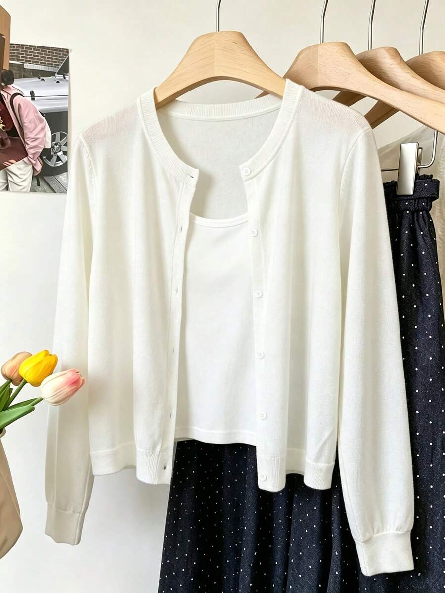 Plus Size Women's Autumn Fashion White Button-Up Cardigan, Casual Round Neck Raglan Long Sleeve Top, Short Length Slightly Elastic Fabric - White - View 1