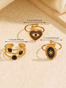 3pcs Stainless Steel Black Mysterious Fashion Elegant Geometric Heart & Oval Line Ring Set Suitable For Women Daily Wear, Festivals, Dates - Multicolor - View 5
