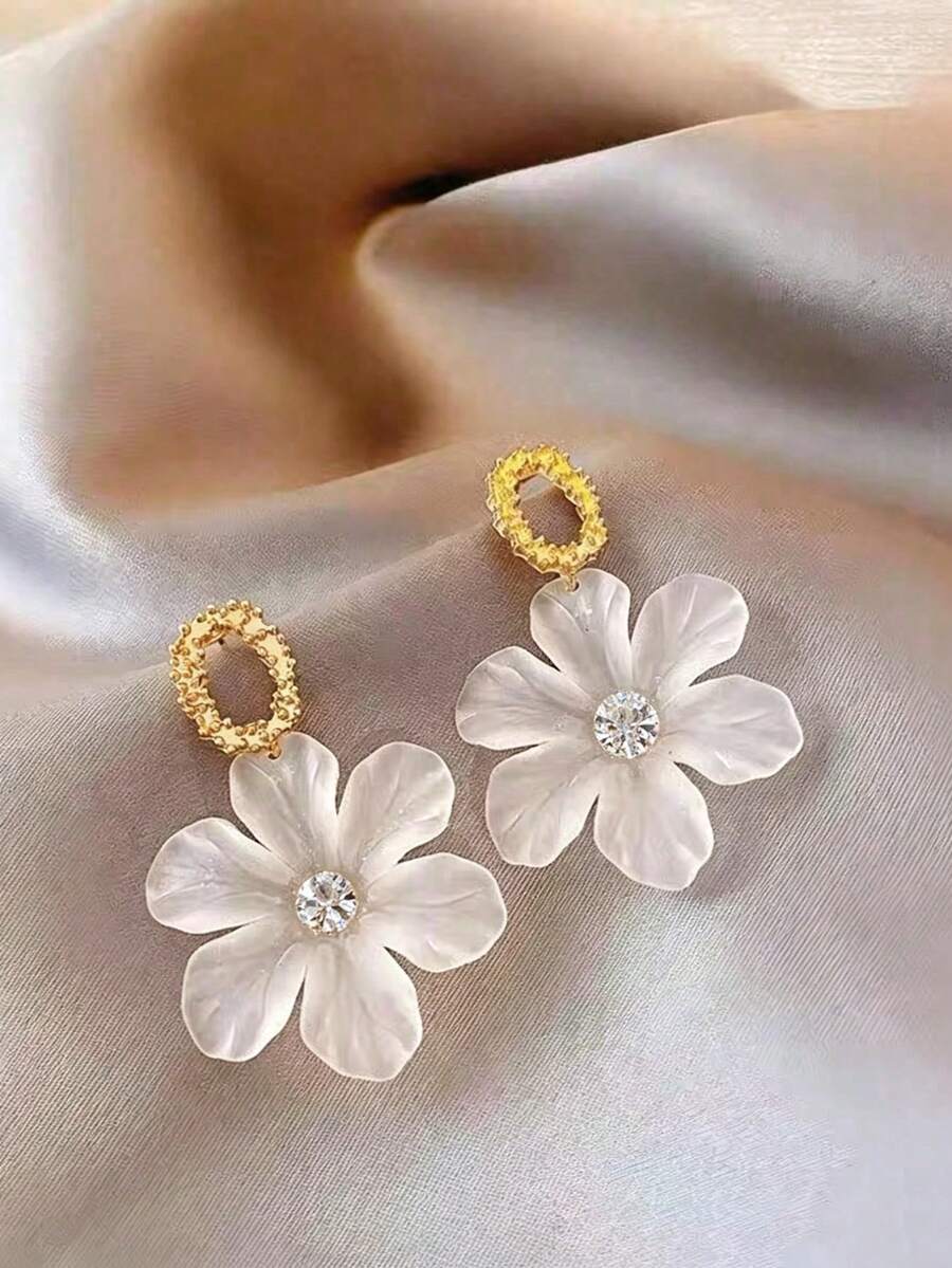 1對極簡百搭花朵耳釘,Ins風森林花瓣耳環,清新百搭女款飾品 - 白色 - 查看 1