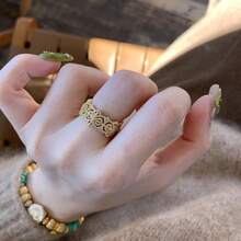 Women's Exquisite Wide Band Hollow Cross Pattern Zirconia Inlaid 18K Gold Plated Adjustable Palace Style Cross Ring - Gold - View 2
