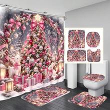 1pc/4pcs Pink Bow Christmas Tree Pattern Multifunctional Bathroom Decor Shower Curtain Set, Free 12 Hooks, Premium Holiday Atmosphere, Bathroom Mat, U-Shaped Rug And Round Toilet Lid Cover, Suitable For All Occasions, Bathroom Set - Pink Bow Christmas Tree - View 8