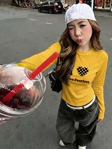美式街頭風黃色 Y2K 上衣，愛心字母波點印花，秋季修身長袖女款打底 T 恤 - 黃色 - 查看 5