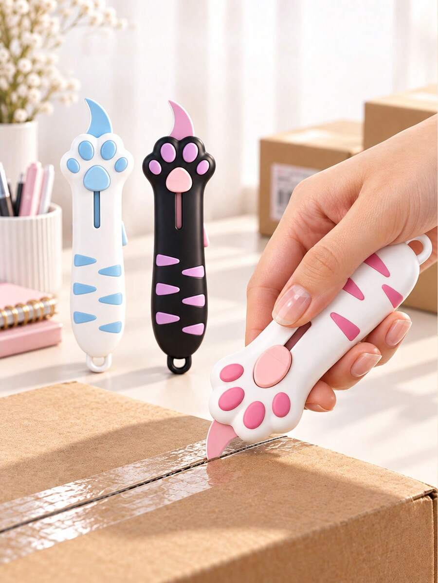 Cute Cat Paw Retractable Curved Blade, Multi-Function Pocket Knife And Bag Opener, Non-Slip Handle Mini Portable Box Cutter With Hanging Hole, Home Daily Express Parcel Craft Cutting Tool, Suitable For Students, Office Workers, Cute Gift Lovers, Teacher Gifts, Back To School Season - Multicolor - View 1