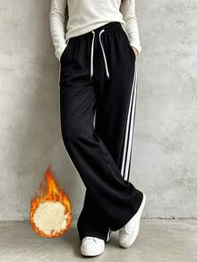Women's Fleece Lined Wide Leg Outdoor Trousers, Contrast Side Stripe Drawstring Pants - Black - View 3
