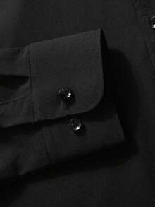 Men's Black Winter Basic Business Casual Office Turn-Down Collar Solid Color Button-Up Long Sleeve Shirt, Formal Autumn Old Money Style Commuter Wear, Holiday Gift For Men - Black - View 4
