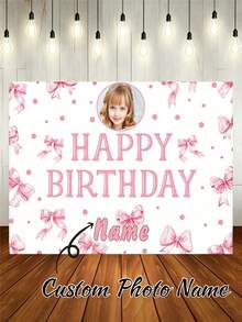 1pc Customizable Pink Bow Birthday Background, Pink Polka Dot Girly Design Background, Suitable For Birthday Party Cake Smash, Photography Backdrop, Vinyl - Pink - View 2