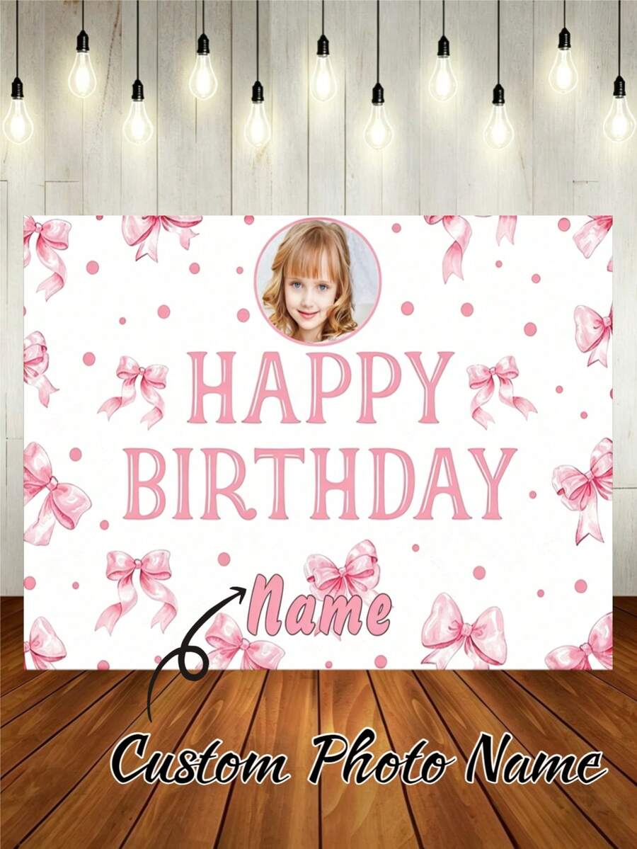 1pc Customizable Pink Bow Birthday Background, Pink Polka Dot Girly Design Background, Suitable For Birthday Party Cake Smash, Photography Backdrop, Vinyl