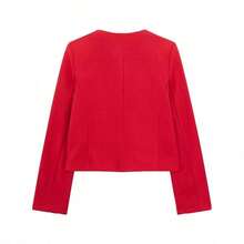 TRAFZA Women's Elegant Casual Tweed Jacket, Spring Round Neck Decorative Long Sleeve Solid Color Coat - Red - View 12