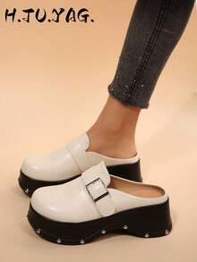 Metal Buckle Thick Sole Loafer Mule Slippers Rivet Platform Closed Toe Half-Slip-On Slouchy Shoes For Women - Beige - View 1