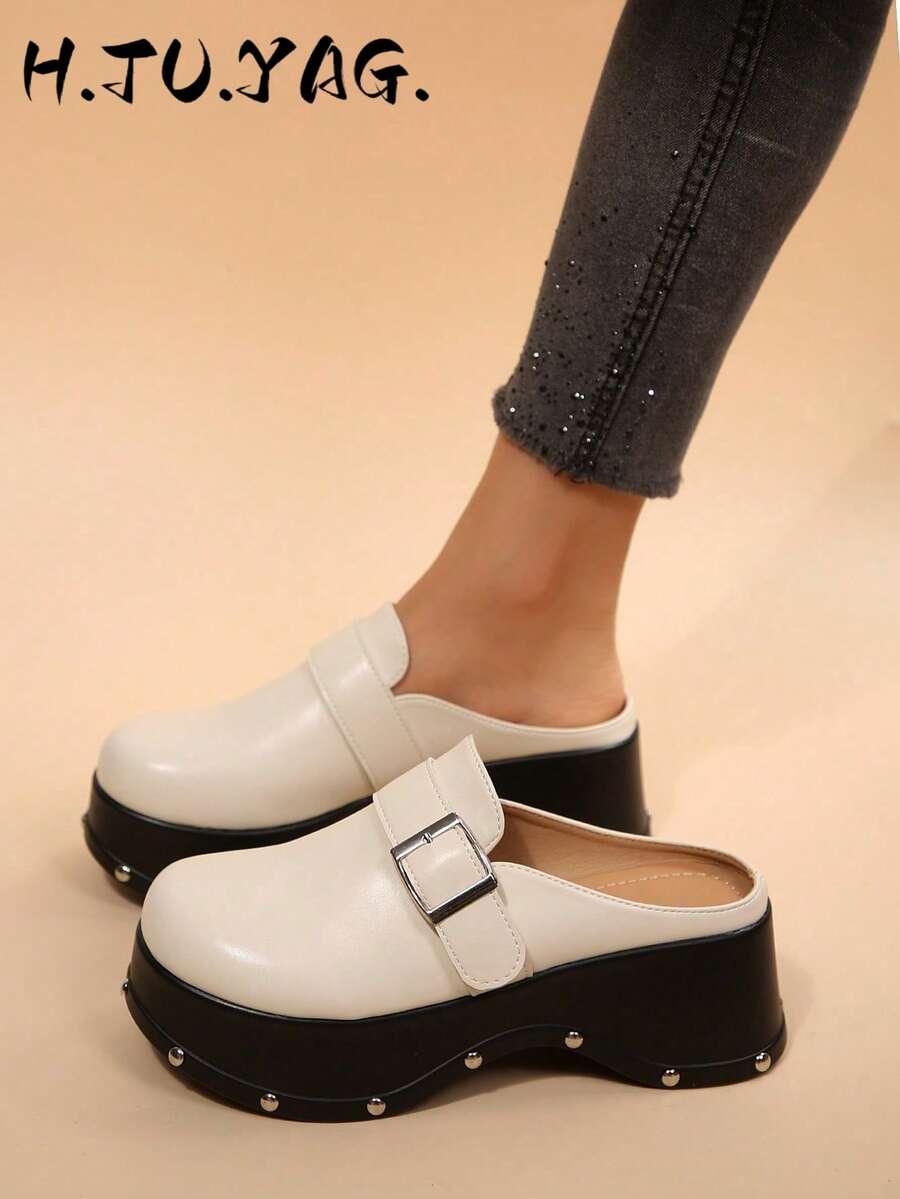 Metal Buckle Thick Sole Loafer Mule Slippers Rivet Platform Closed Toe Half-Slip-On Slouchy Shoes For Women - Beige - View 1