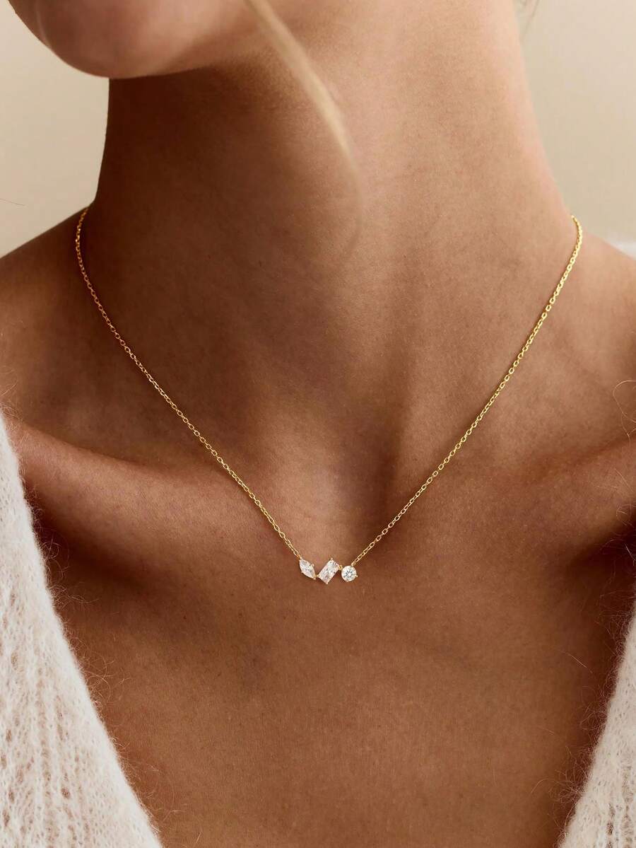 Dainty Gold Necklace For Women 14k Gold Plated Cubic Zirconia Solitaire Cute Pendant Necklace Simple Gold Choker Necklaces Fashion Gold Jewelry - Gold - View 1