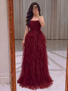 Fashion Strapless Formal Gown, Ruched Mesh Bodice, Long Flowing Skirt, Suitable For Special Occasions - Red - View 4