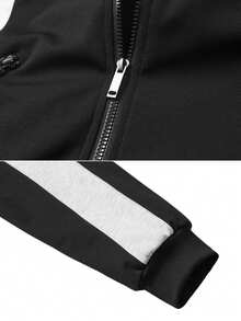 Sweatshirt Olahraga Pria dengan Kerah Tegak dan Resleting, Jaket Kasual Lengan Panjang Lengan Raglan dengan Desain Colorblock. - Hitam - View 7