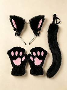 Set 3 Buah Bando Telinga Kucing Bulu dan Bando Telinga Kucing Ekor Rubah, Aksesoris Harian untuk Halloween, Natal, dan Festival Lainnya - MultiWarna - View 8