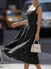 DONICY Women's Black Floral Ruffle Hem Dress, Square Neck Mid-Length Wide Strap Dress, Sweet Romantic Summer Vacation Dress - Black - View 6