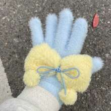 1 paire de nouveaux gants en fausse fourrure de lapin avec nœud papillon, doux, mignons, chauds, anti-gel, pour fille étudiante, cyclisme et équitation - Multicolore - Voir 6