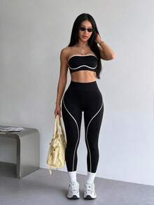 Women's Seamless White Striped Sports Bra And Leggings Set Yoga Leggings Set Strapless Two Pieces Set Workout Set Gym Legging Curve Activewear Set - Black - View 2