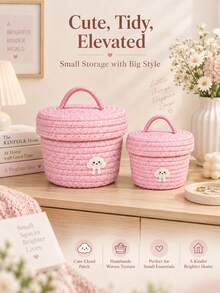 1pc Cute Woven Storage Basket For Home Lovers, Decorative Rope Organizer With Adorable Cartoon Patch Design, Handmade Storage Box With Lid For Toys, Clothes, Bedroom, Living Room Organization & Home Decor - Multicolor - View 8