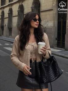 Women's Shiny Cotton Yarn Front Tie Long Sleeve Knit Cardigan, Evening Party Outfit - Apricot - View 8