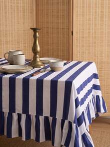 1pc Blue And White Wide Striped Tablecloth, Classic Country Style Fabric Material, Rectangular Double Layer With Ruffle Edge And Pleated Detail, Decorative And Functional For Home Kitchen, Dining Room And Daily Home Decor - Blue - View 10