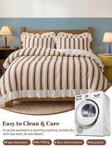 Joivida 2/3pcs Ruffle Duvet Cover Set, Dorm Bedding, Brown Striped Bedding Set, Cozy Room Decor, Skin-Friendly Breathable, Ultra-Soft Anti-Pilling, No Duvet Insert, Suitable For Single/Double/Queen/King Size Bed, All Season, Machine Washable, Back To School - Multicolor - View 7