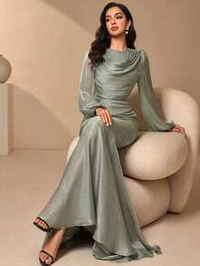 Women's Elegant Green Mermaid Gown, Decorated With Pearls, Long Bishop Sleeves, Ruched Corset, Suitable For Formal Evening Events - Mint Green - View 1