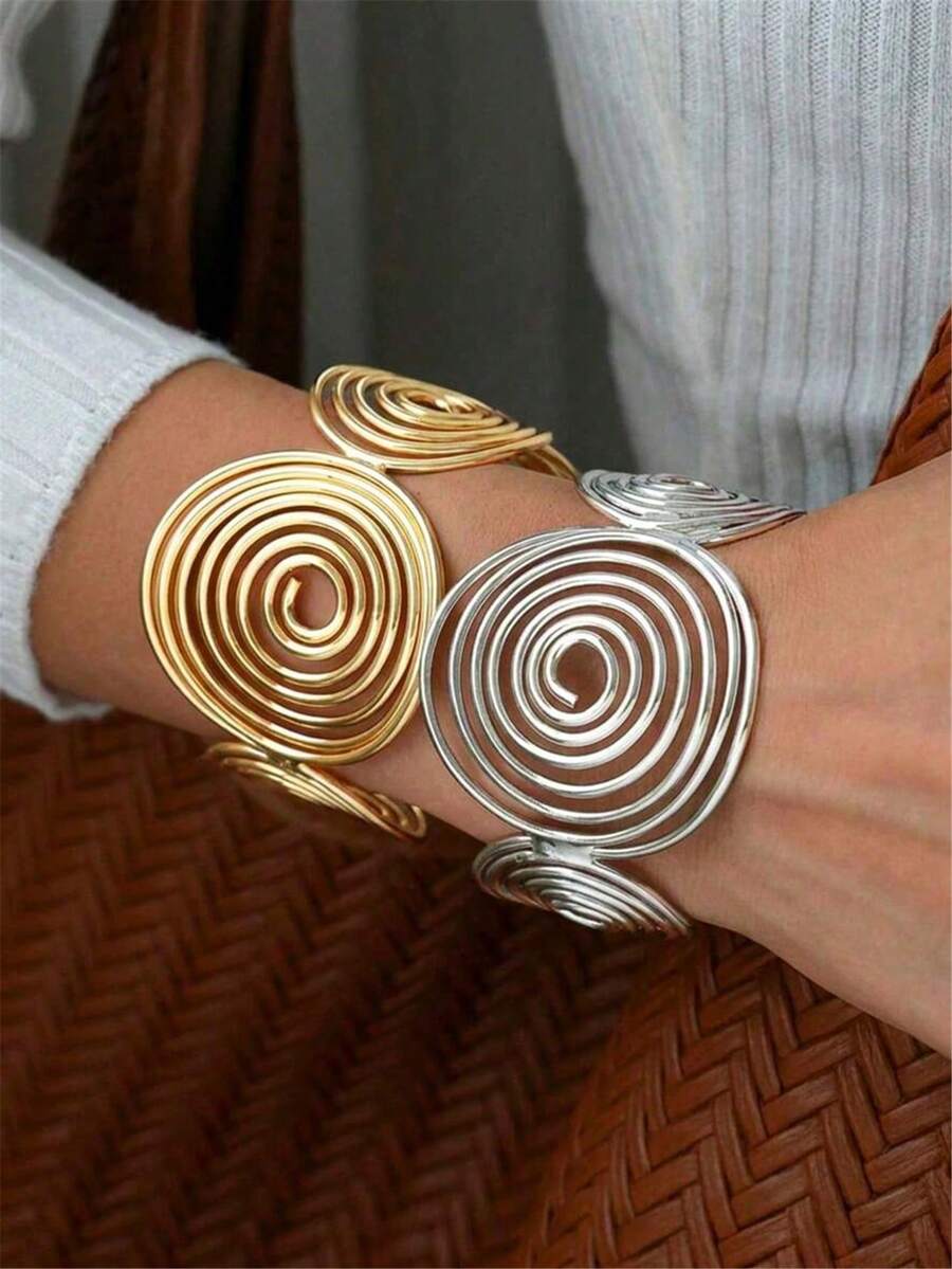 1pc Minimalist Vintage Gold & Silver Spiral Hollow Open Cuff Bangle Bracelet, Personalized Fashion Women's Jewelry - Multicolor - View 1