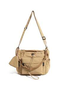Japanese Style Black Drawstring Crossbody Bag, Multi-Pocket Slouchy Nylon Shoulder Sling With Mini Pouch Adjustable Strap For Daily School Street - Multicolor - View 12