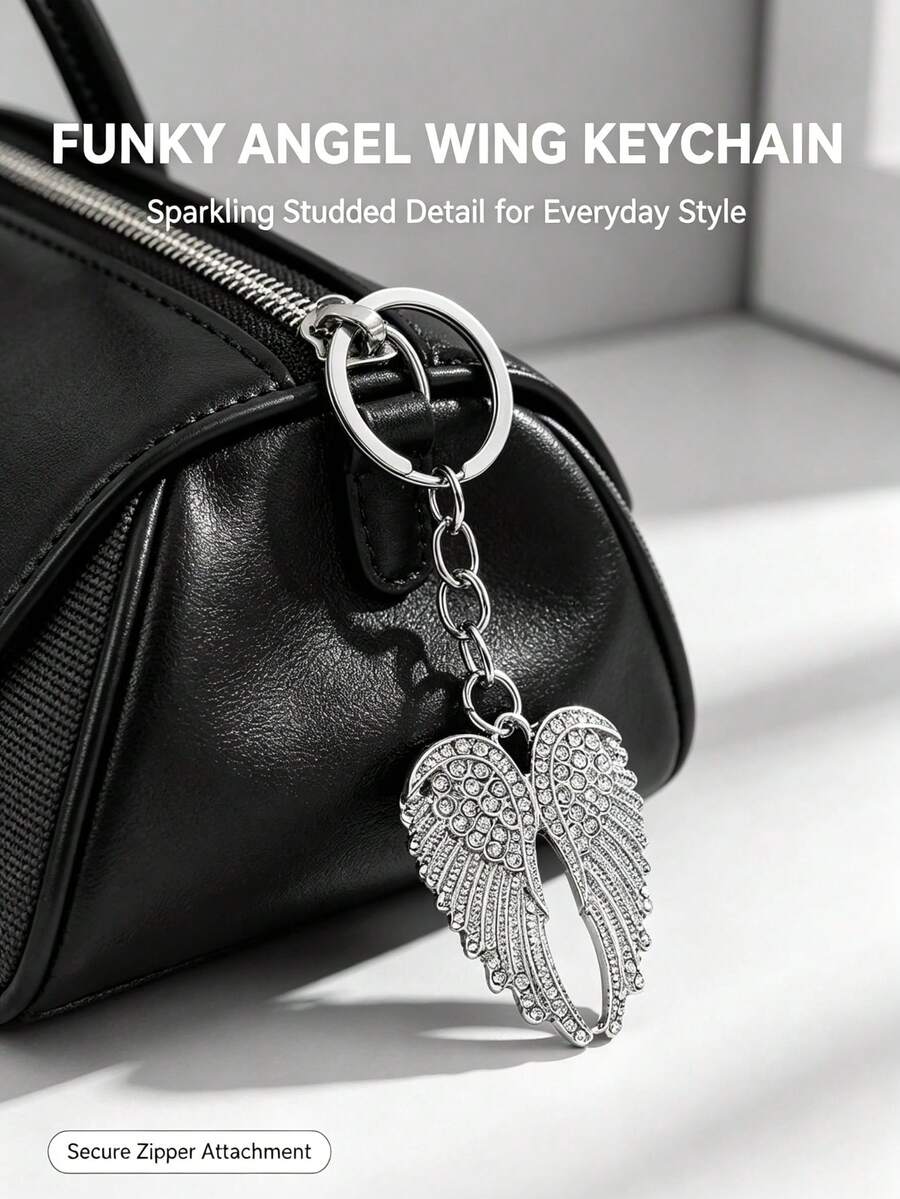 1pc Fashion Angel Wings Keychain - Shiny Rhinestone Angel Wings Key Ring, Enamel Angel Wings Pendant Key Chain, Bag Charm Wallet Accessory, Silver Metal Wings Pendant Key Ring Bag Accessory/Bag Charm, Unisex, Faux Rhinestone Wings Shape Bag Charm, Car Key Backpack Key Chain, Couple Daily Gift, Cute Wings Keychain Bag Accessory - Multicolor - View 1