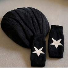 2pcs Black Knitted Hat + Fingerless Gloves Set, Unisex, Winter Warm Set - Multicolor - View 4