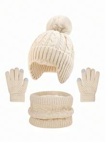 3pcs Kids Hat, Gloves And Scarf Set, Cable Knit Woolen Hat With Pom Pom, Warm Ear Protection For Boys And Girls, Autumn/Winter Warm Set - 3pcs - View 14