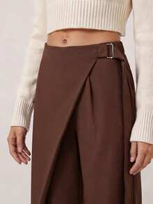 Women's Button Front Waist Wide Leg Pants, Elegant High Waist Solid Color Casual Long Trousers - Coffee Brown - View 10