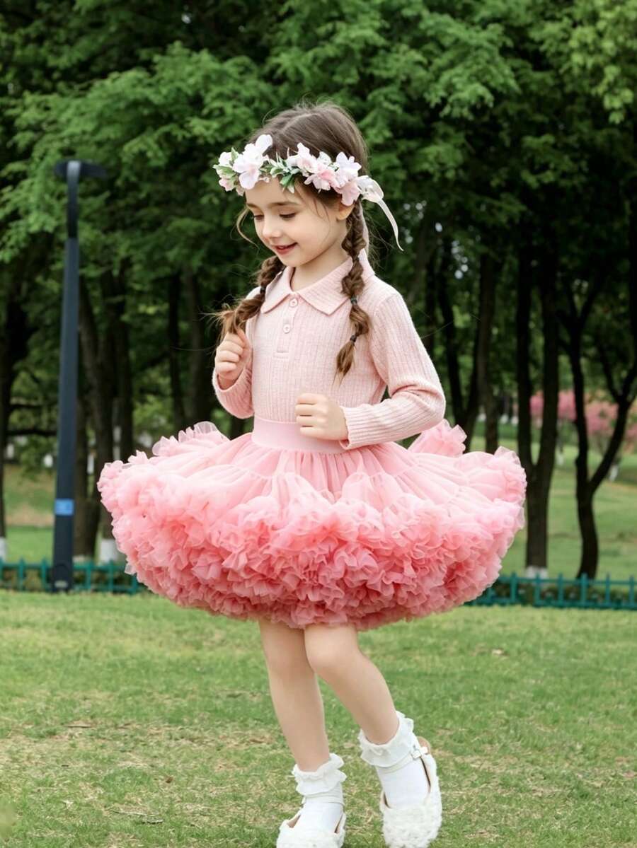 1pc Girls Cute Fancy Dreamy Sweet Princess Colorblock Heavy Work Layered Ruffled Tulle Cake Tutu Skirt Birthday Gift Christmas Thanksgiving New Year Party Banquet All Seasons Wear - Watermelon Pink - View 1