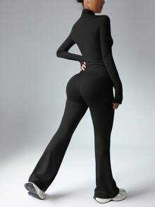 Women's Solid Color Long Sleeve Top And Fitted Sports Pants Set, Suitable For Fitness And Workout Black - Black - View 2