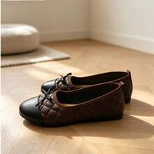 Women's Bowknot Vintage Colorblock Quilted Diamond Pattern Flat Shoes, Maillard Style - Brown - View 2