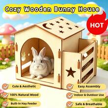 1pc Wooden Rabbit Hamster Cabin With Side Hay Feeding Trough, Star Moon Hollow Rabbit Nest, Natural Wooden Pet Shelter, Suitable For Rabbits, Guinea Pigs, Hamsters - one-size - View 1