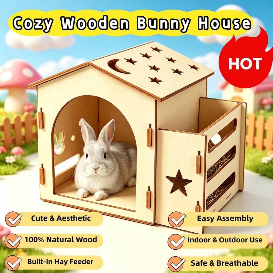 1pc Wooden Rabbit Hamster Cabin With Side Hay Feeding Trough, Star Moon Hollow Rabbit Nest, Natural Wooden Pet Shelter, Suitable For Rabbits, Guinea Pigs, Hamsters - one-size - View 1