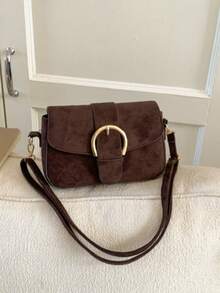 Women's Flap Small Handbag, Fashionable Metal Buckle Decor Square Bag, Shoulder Crossbody Bag - Coffee - View 6