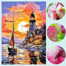 1pc DIY Diamond Painting Sticker Embroidery Landscape Ocean Wave Lighthouse Home Decor Full Drill 30*40cm/40x50cm - Sets - View 7
