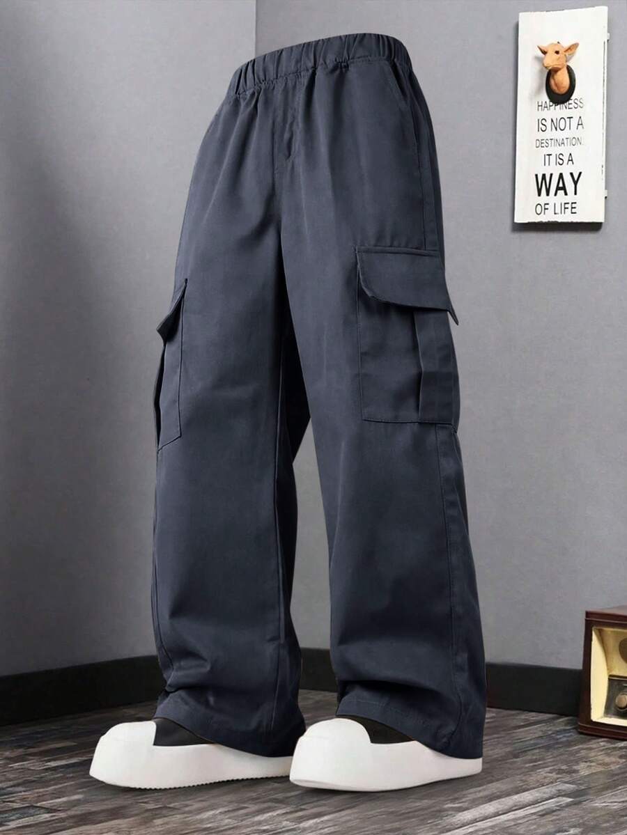 1 pieza Pantalones cargo casuales holgados de pierna recta para niños con bolsillos, deportes al aire libre, estilo universitario, primavera/otoño - Gris Oscuro - Ver 1