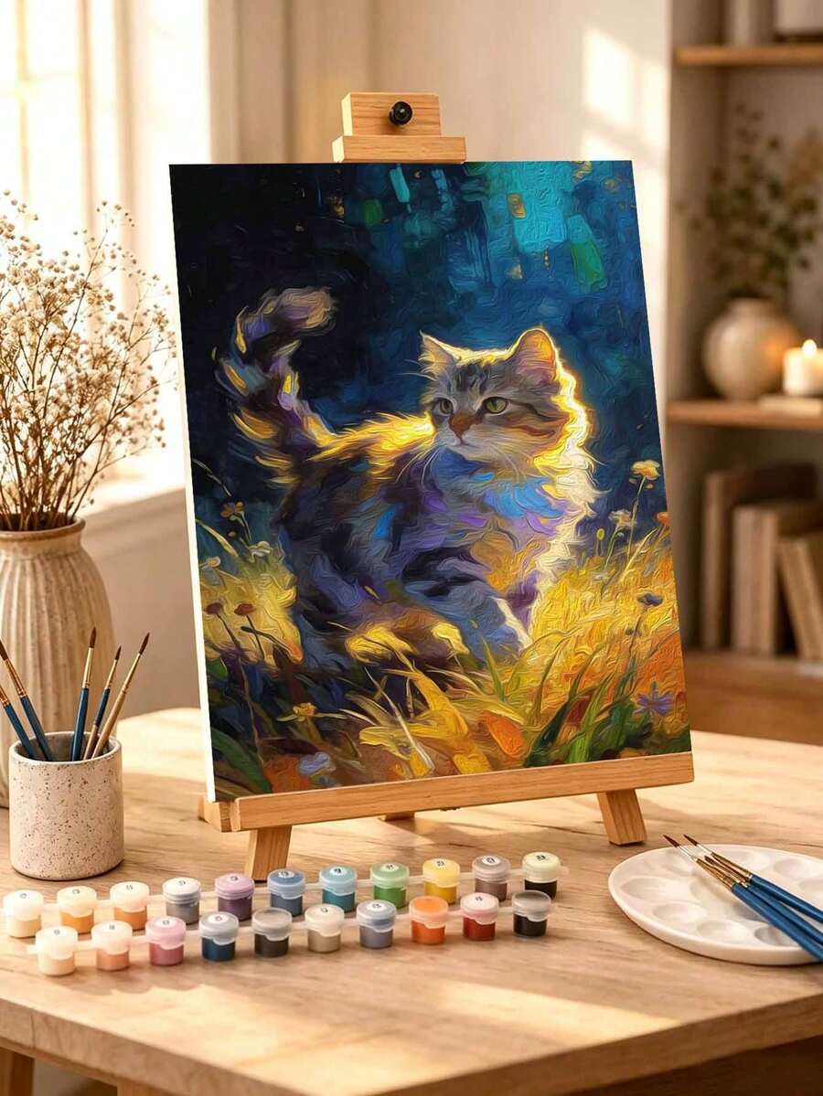DIY Glowing Cat In Meadow (Frameless Or Framed 8x12 / 16x20 Inches) Paint By Numbers Kit (Acrylic) Arts & Crafts For Adult Beginners, Home Wall Decor, And Holiday Gifts For Animal Lovers And Painting Enthusiasts - Sets - View 1