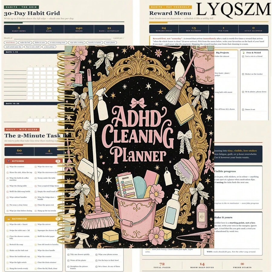 ADHD Cleaning Planner Text, Gold Frame, Pink Cleaning Tools, Bucket, Mop, Bows And Stars On Black. - 1 Pc - View 1