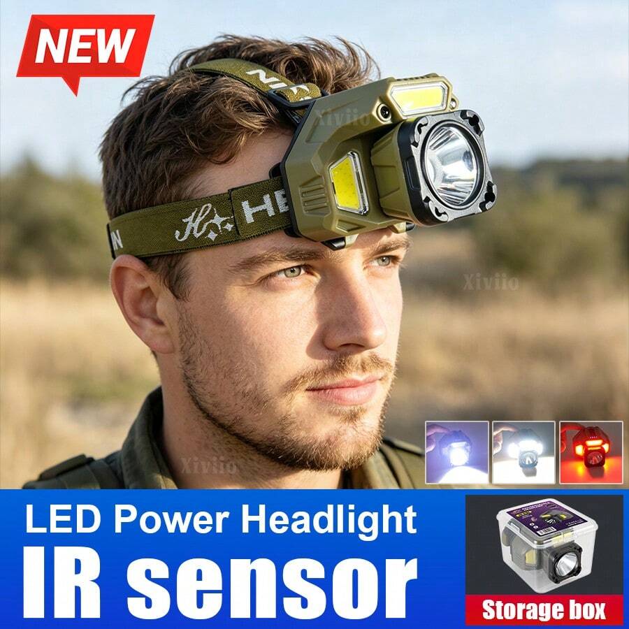 Strong Light LED Headlight Rechargeable Sensor Headlamp Large Area Floodlight Head Flashlight For Outdoor Camping Fishing