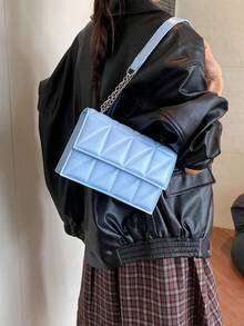 優雅設計師時尚翻蓋鏈條壓紋單肩包，女士絎縫鏈條單肩包 - 淺藍色 - 查看 4