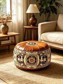 Round Storage Ottoman, Large Capacity Soft Footstool With Hidden Clothes Storage, Padded Seat & Floral Fabric Design, Multifunctional Organizer Stool For Adults, Bedroom Living Room Closet Dorm Home, Space Saving Furniture - Brown - View 4