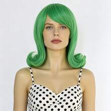 Vintage Style Bright Green Retro Flip‑Out Bob Synthetic Wig, Shoulder‑Length With Side Bang Heat‑Resistant Wig For Halloween Costume Themed Party Dress‑Up Cosplay & Holiday - Green - View 1
