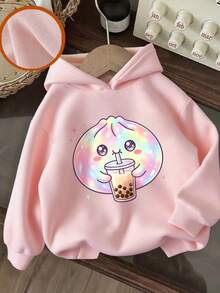 Girls' Autumn Pullover Sweatshirt, Cute Rainbow Bubble Tea Cartoon Front Print, Loose Long Sleeve Casual Top - Pink - View 2