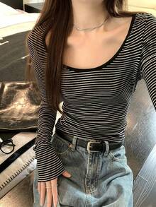 Spring/Summer Daily Round Neck Slim Fit Contrast Color Striped Slimming Versatile Long Sleeve T-Shirt Top - Black - View 6
